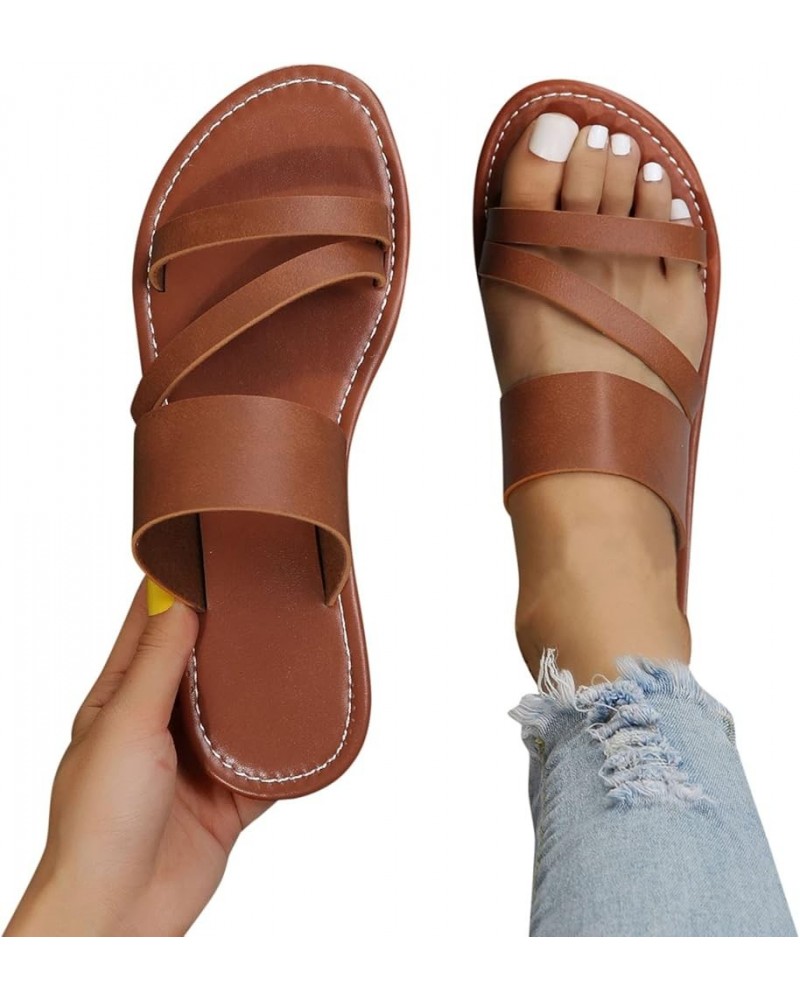 Sandals for Women Dressy Summer,Women's Leather Slip On Slides Flat Slippers Comfy Open Toe Retro Sandals Brown $9.88 Sandals