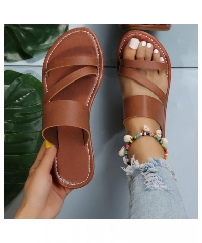 Sandals for Women Dressy Summer,Women's Leather Slip On Slides Flat Slippers Comfy Open Toe Retro Sandals Brown $9.88 Sandals