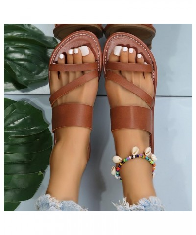 Sandals for Women Dressy Summer,Women's Leather Slip On Slides Flat Slippers Comfy Open Toe Retro Sandals Brown $9.88 Sandals