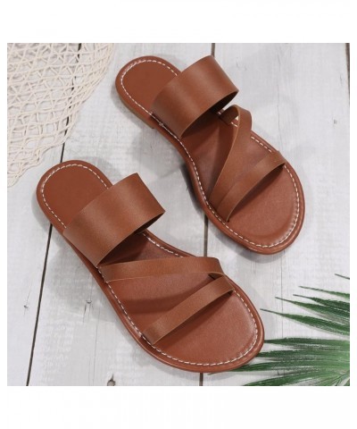 Sandals for Women Dressy Summer,Women's Leather Slip On Slides Flat Slippers Comfy Open Toe Retro Sandals Brown $9.88 Sandals