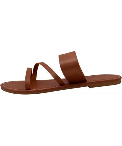 Sandals for Women Dressy Summer,Women's Leather Slip On Slides Flat Slippers Comfy Open Toe Retro Sandals Brown $9.88 Sandals