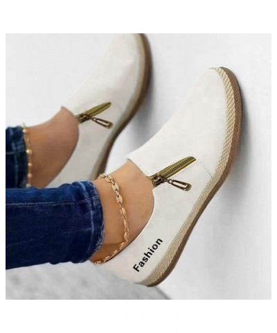 Ladies Loafers, Ladies Fashion Solid Color Round Toe Shallow Mouth Side Zipper Flat Casual Shoes White $15.76 Athletic Shoes