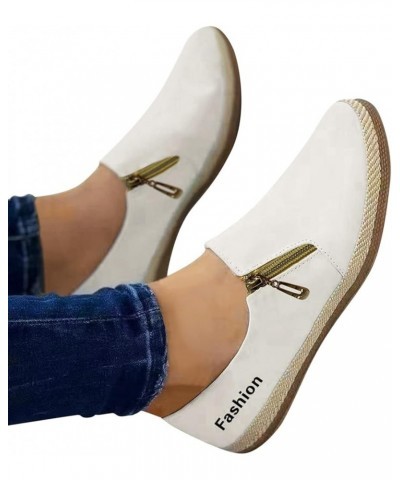 Ladies Loafers, Ladies Fashion Solid Color Round Toe Shallow Mouth Side Zipper Flat Casual Shoes White $15.76 Athletic Shoes