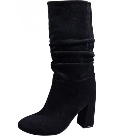 Womens Faux Suede Mid Calf Boots Wide Calf Pointed Toe High Chunky Heel Platform Booties Pull-on Ruched Slouch Booties Wide W...