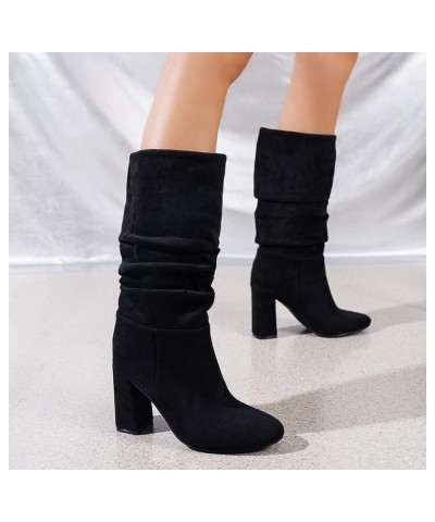 Womens Faux Suede Mid Calf Boots Wide Calf Pointed Toe High Chunky Heel Platform Booties Pull-on Ruched Slouch Booties Wide W...