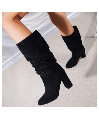 Womens Faux Suede Mid Calf Boots Wide Calf Pointed Toe High Chunky Heel Platform Booties Pull-on Ruched Slouch Booties Wide W...