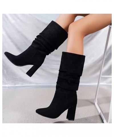 Womens Faux Suede Mid Calf Boots Wide Calf Pointed Toe High Chunky Heel Platform Booties Pull-on Ruched Slouch Booties Wide W...