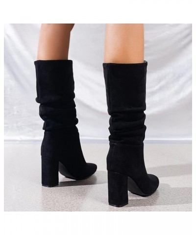 Womens Faux Suede Mid Calf Boots Wide Calf Pointed Toe High Chunky Heel Platform Booties Pull-on Ruched Slouch Booties Wide W...