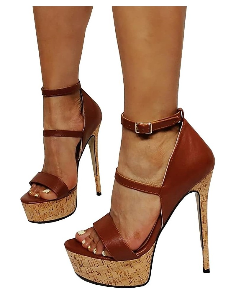 High Heels Open Toe One Band Stiletto Heels Platform Sandals Buckle Strappy Patent Leather Ankle Sandals Evening Dress-Brown|...