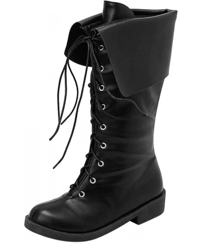 Mid Calf Cowboy Boots Women Western Boots Ladies Solid Color Simple Casual Leather Round Toe Strap Folding Design Flat Black ...