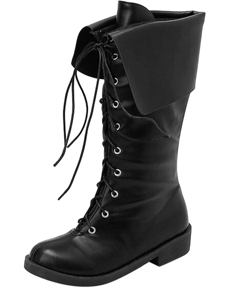 Mid Calf Cowboy Boots Women Western Boots Ladies Solid Color Simple Casual Leather Round Toe Strap Folding Design Flat Black ...