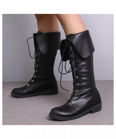 Mid Calf Cowboy Boots Women Western Boots Ladies Solid Color Simple Casual Leather Round Toe Strap Folding Design Flat Black ...