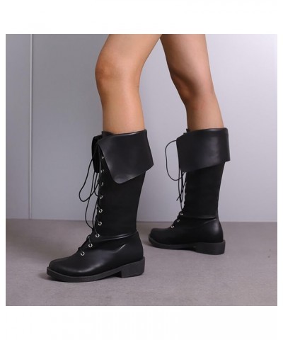 Mid Calf Cowboy Boots Women Western Boots Ladies Solid Color Simple Casual Leather Round Toe Strap Folding Design Flat Black ...