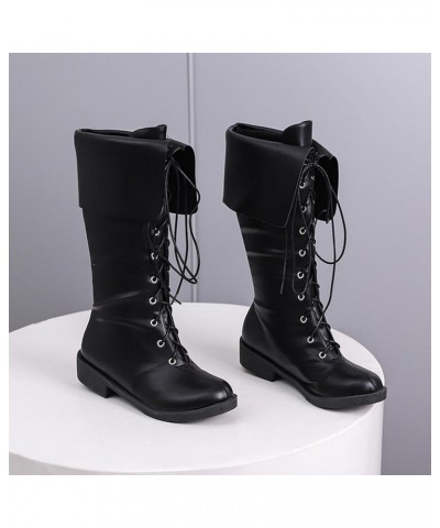 Mid Calf Cowboy Boots Women Western Boots Ladies Solid Color Simple Casual Leather Round Toe Strap Folding Design Flat Black ...