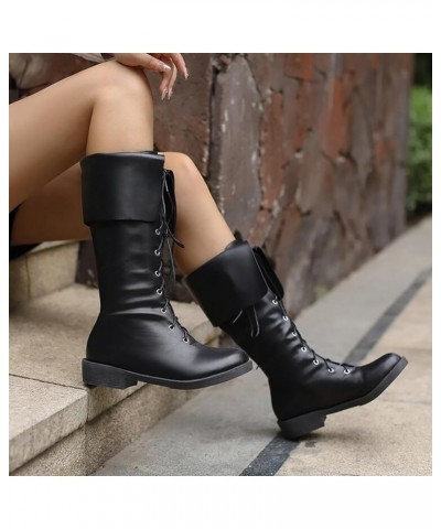 Mid Calf Cowboy Boots Women Western Boots Ladies Solid Color Simple Casual Leather Round Toe Strap Folding Design Flat Black ...