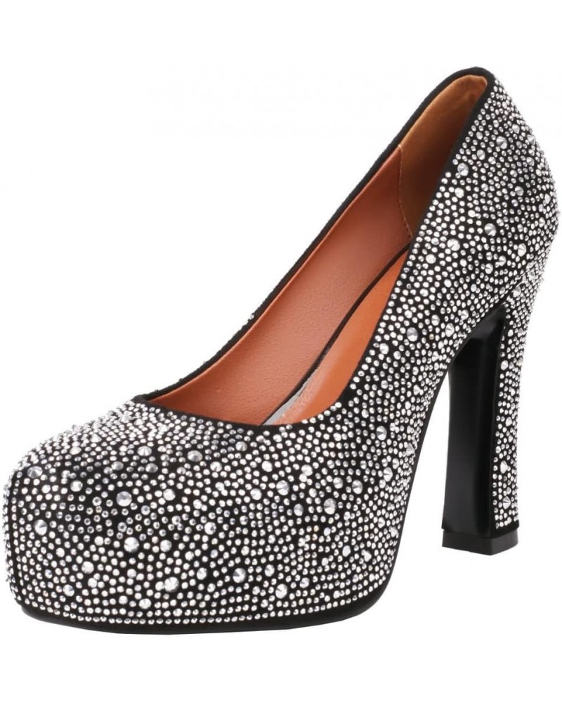 Womens Rhinestone Platform Heels Sparkly Chunky Heels Glitter Pumps Black $28.90 Pumps