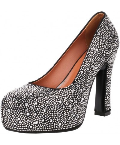 Womens Rhinestone Platform Heels Sparkly Chunky Heels Glitter Pumps Black $28.90 Pumps