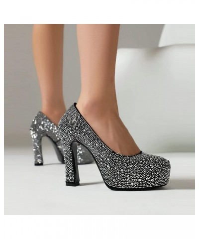 Womens Rhinestone Platform Heels Sparkly Chunky Heels Glitter Pumps Black $28.90 Pumps