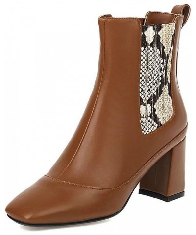 Womens Square Toe Chelsea Boots Snake Print Chunky High Heel Pull On Ankle Boots Brown $26.67 Boots