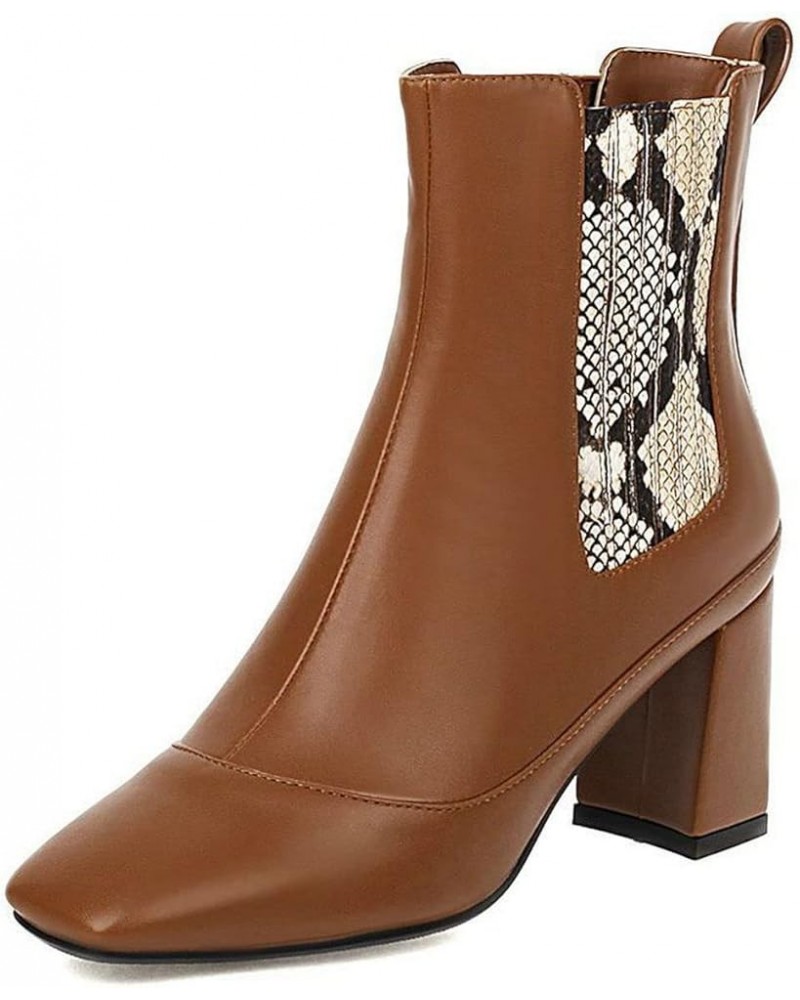 Womens Square Toe Chelsea Boots Snake Print Chunky High Heel Pull On Ankle Boots Brown $26.67 Boots