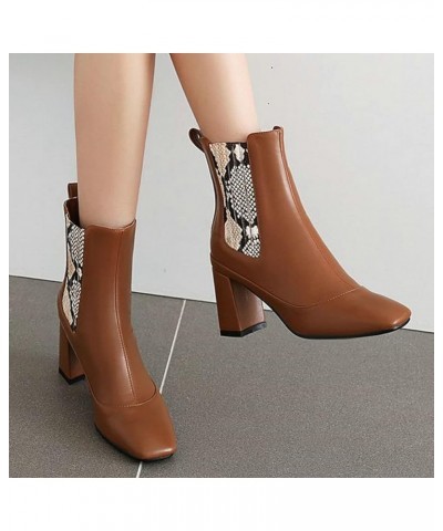 Womens Square Toe Chelsea Boots Snake Print Chunky High Heel Pull On Ankle Boots Brown $26.67 Boots