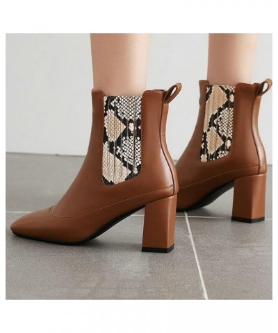 Womens Square Toe Chelsea Boots Snake Print Chunky High Heel Pull On Ankle Boots Brown $26.67 Boots