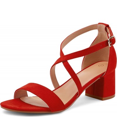 Women's 2.25 Inch Low Chunky Heels Dress Pump Open Toe Cross Ankle Strap Wedding Block Heeled Sandals Red-suede $25.91 Sandals