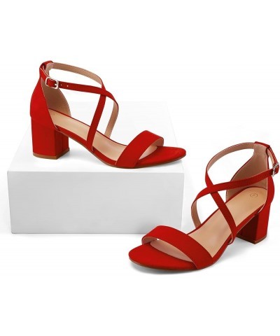 Women's 2.25 Inch Low Chunky Heels Dress Pump Open Toe Cross Ankle Strap Wedding Block Heeled Sandals Red-suede $25.91 Sandals