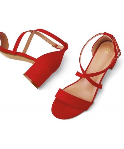 Women's 2.25 Inch Low Chunky Heels Dress Pump Open Toe Cross Ankle Strap Wedding Block Heeled Sandals Red-suede $25.91 Sandals