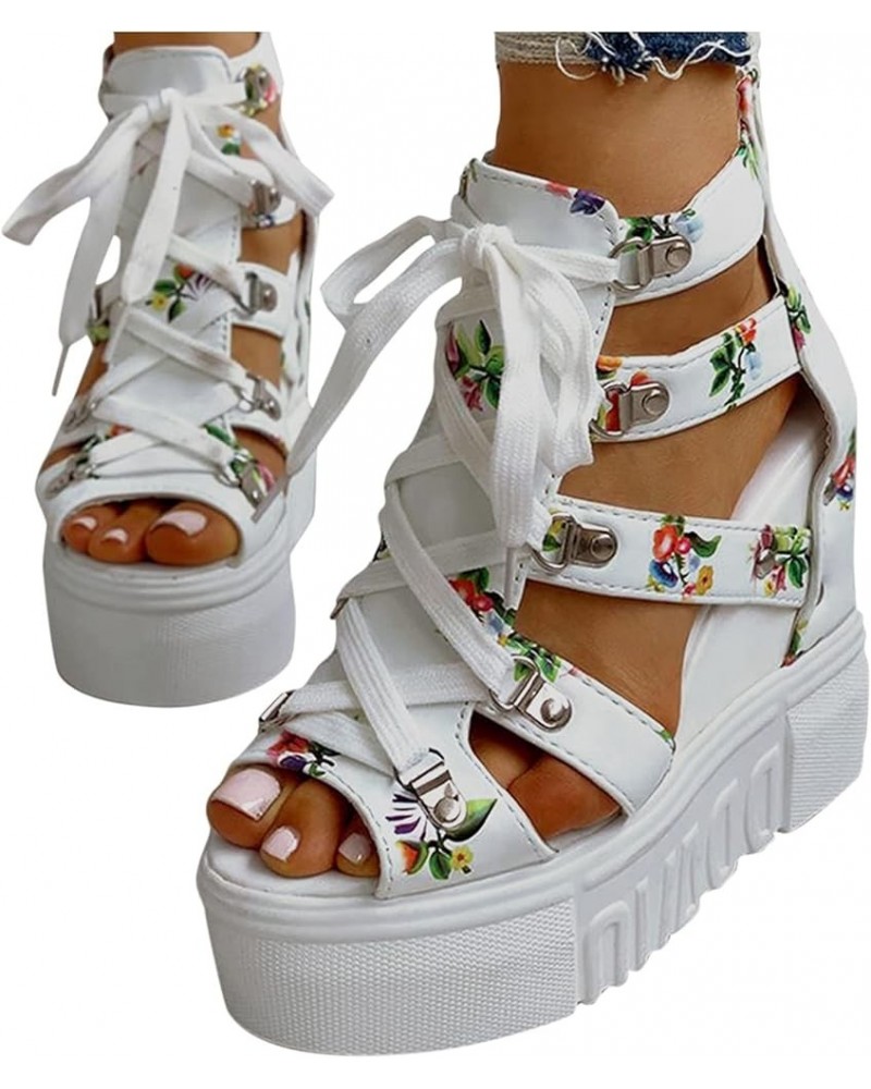 Women Cutout Floral Sandals Casual Summer Open Toe Floral Sandals Wedge Sandals Lace up Back Zipper Platform Sandals 5.5 Whit...