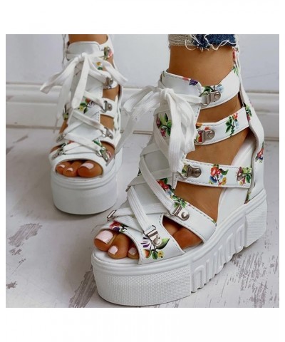 Women Cutout Floral Sandals Casual Summer Open Toe Floral Sandals Wedge Sandals Lace up Back Zipper Platform Sandals 5.5 Whit...