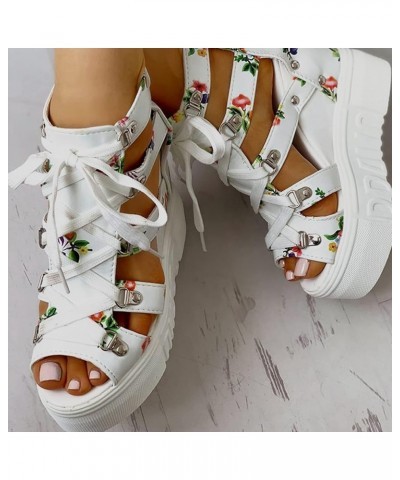 Women Cutout Floral Sandals Casual Summer Open Toe Floral Sandals Wedge Sandals Lace up Back Zipper Platform Sandals 5.5 Whit...