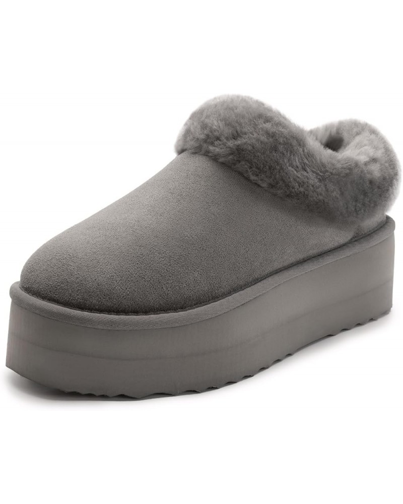 Women's Fuzzy Platform Slippers Warm Cozy Indoor Outdoor Fur Lined Clog Slippers Grey $22.55 Slippers