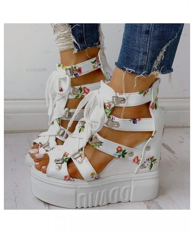 Women Cutout Floral Sandals Casual Summer Open Toe Floral Sandals Wedge Sandals Lace up Back Zipper Platform Sandals 5.5 Whit...