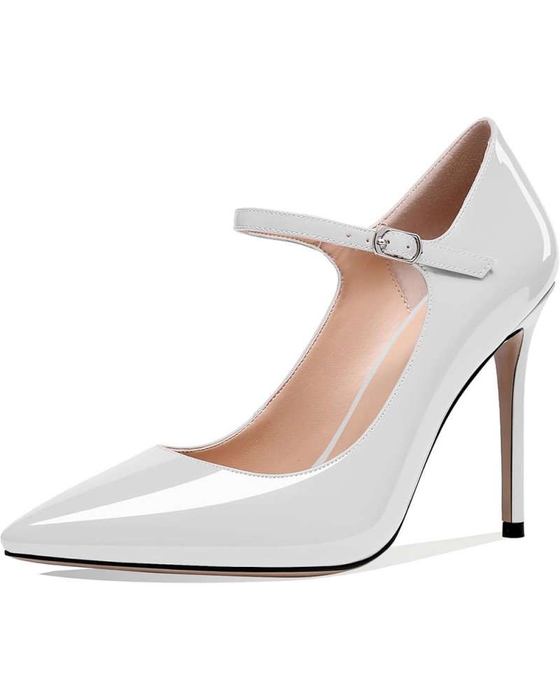 Women's Pointed Toe Mary Jane Pumps High Heel Shoe with Ankle Strap White $34.03 Pumps