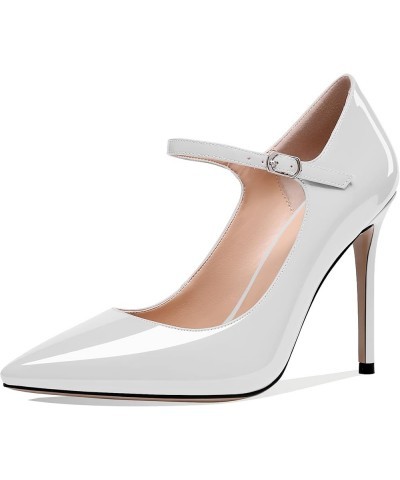 Women's Pointed Toe Mary Jane Pumps High Heel Shoe with Ankle Strap White $34.03 Pumps