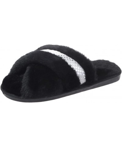 Women's Furry Slippers, Cross Open Toe, Blink Diamond, Soft Warm Cozy Indoor Outdoor Fuzzy Shoes Comfy Slip-On (5.5,Black) $1...