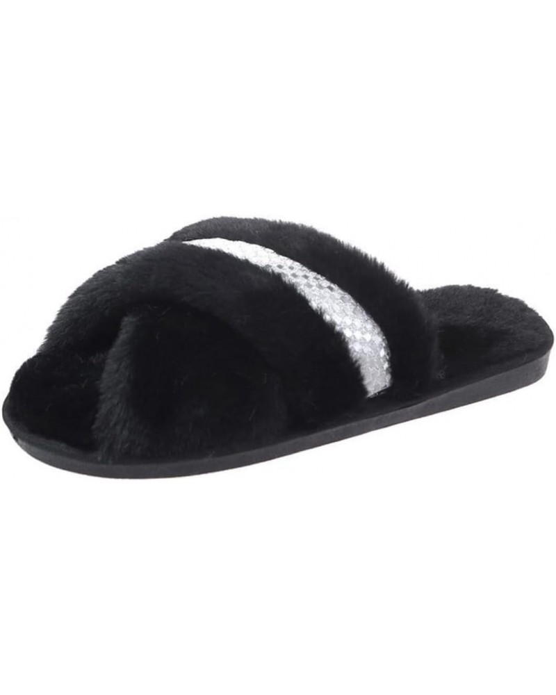 Women's Furry Slippers, Cross Open Toe, Blink Diamond, Soft Warm Cozy Indoor Outdoor Fuzzy Shoes Comfy Slip-On (5.5,Black) $1...