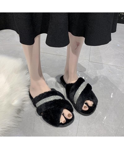 Women's Furry Slippers, Cross Open Toe, Blink Diamond, Soft Warm Cozy Indoor Outdoor Fuzzy Shoes Comfy Slip-On (5.5,Black) $1...