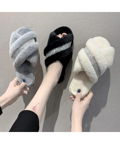 Women's Furry Slippers, Cross Open Toe, Blink Diamond, Soft Warm Cozy Indoor Outdoor Fuzzy Shoes Comfy Slip-On (5.5,Black) $1...