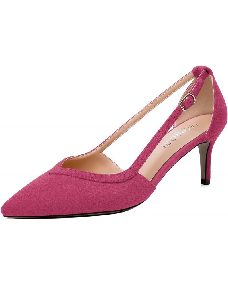 Womens Ankle Strap Casual Office Buckle Suede Pointed Toe Solid Kitten Low Heel Pumps Shoes 2.5 Inch Magenta $31.91 Pumps