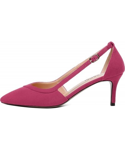 Womens Ankle Strap Casual Office Buckle Suede Pointed Toe Solid Kitten Low Heel Pumps Shoes 2.5 Inch Magenta $31.91 Pumps