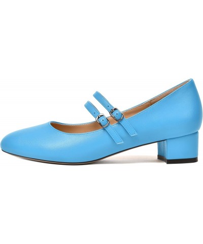 Womens Office Round Toe Adjustable Strap Fashion Buckle Matte Chunky Low Heel Pumps Shoes 1.5 Inch Sky Blue $36.95 Pumps