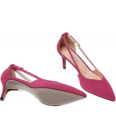 Womens Ankle Strap Casual Office Buckle Suede Pointed Toe Solid Kitten Low Heel Pumps Shoes 2.5 Inch Magenta $31.91 Pumps