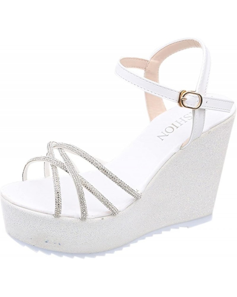 Ladies Fashion Summer Rhinestone Interlaced Strap Buckle Wedge Heel Open Toe Sandals Women Sandals 39 White $20.58 Sandals