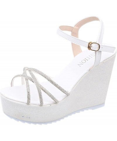 Ladies Fashion Summer Rhinestone Interlaced Strap Buckle Wedge Heel Open Toe Sandals Women Sandals 39 White $20.58 Sandals