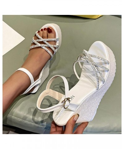 Ladies Fashion Summer Rhinestone Interlaced Strap Buckle Wedge Heel Open Toe Sandals Women Sandals 39 White $20.58 Sandals