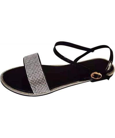 Flat Slide Sandals Women Crystal Flat Summer Shoes Sandals Strap Women's Casual Round Buckle Toe Outdoor Black $12.20 Sandals