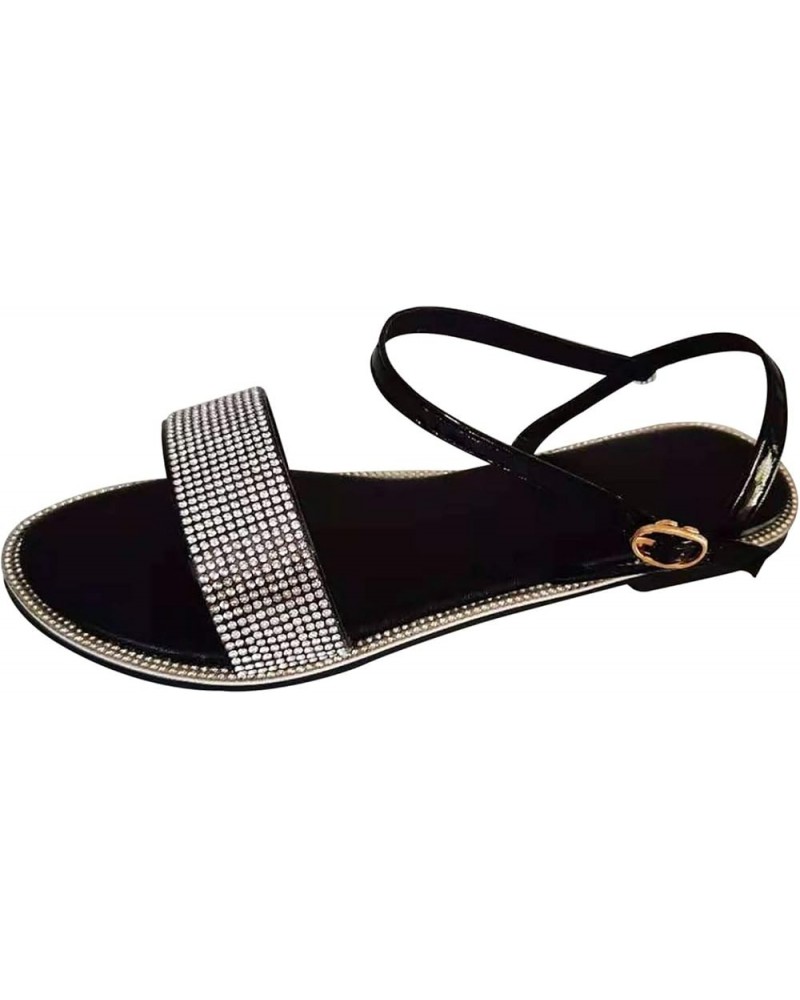 Flat Slide Sandals Women Crystal Flat Summer Shoes Sandals Strap Women's Casual Round Buckle Toe Outdoor Black $12.20 Sandals