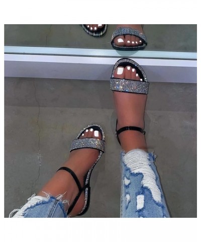 Flat Slide Sandals Women Crystal Flat Summer Shoes Sandals Strap Women's Casual Round Buckle Toe Outdoor Black $12.20 Sandals